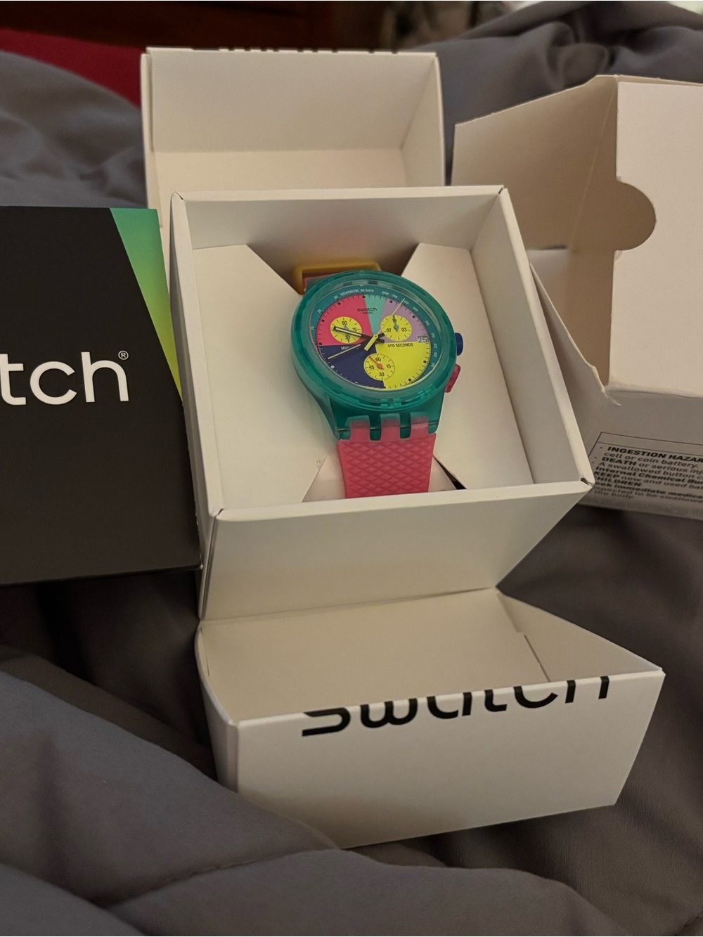Swatch Teal, Pink & Yellow Colorblock Chronograph Watch